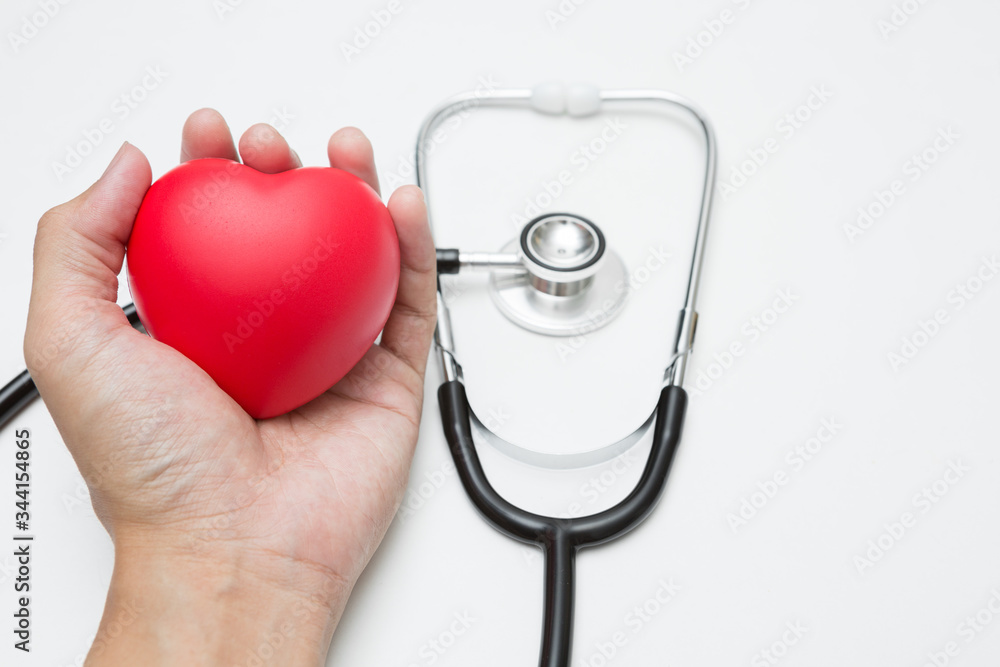 The hand is holding Heart shaped squeeze ball for hand muscle exercise and stethoscope on white background and copy space The hand is holding Heart shaped squeeze ball for hand muscle exercise and stethoscope on white background and copy space