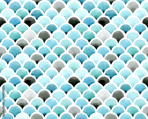Seamless watercolor pattern, color background. Print Chevron Mermaid Scales. vibrant colors of blue, turquoise, and gray. colors of the sea, ocean. Design for wrappers, fabrics, textiles.