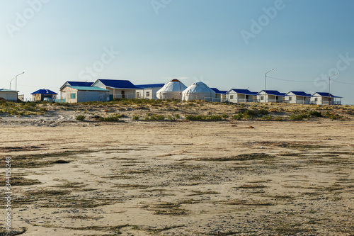 Lake Kamyslybas is a large saltwater lake in Kazakhstan, guest houses by the lake photo