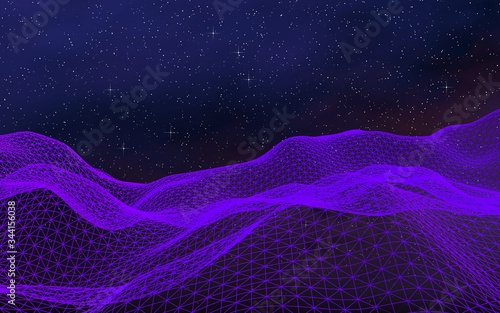 Abstract ultraviolet landscape on a dark background. Purple cyberspace grid. hi tech network. Outer space. Violet starry outer space texture. 3D illustration