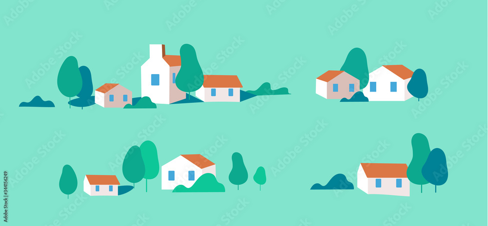 Flat design urban landscape set of buildings.Autumn - vector illustration.