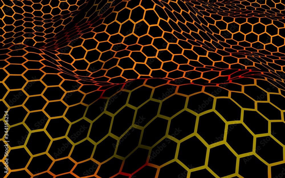 Honeycomb wave effect on a red yellow background. Perspective view on polygon look like honeycomb. Isometric geometry. 3D illustration Honeycomb wave effect on a red yellow background. Perspective view on polygon look like honeycomb. Isometric geometry. 3D illustration