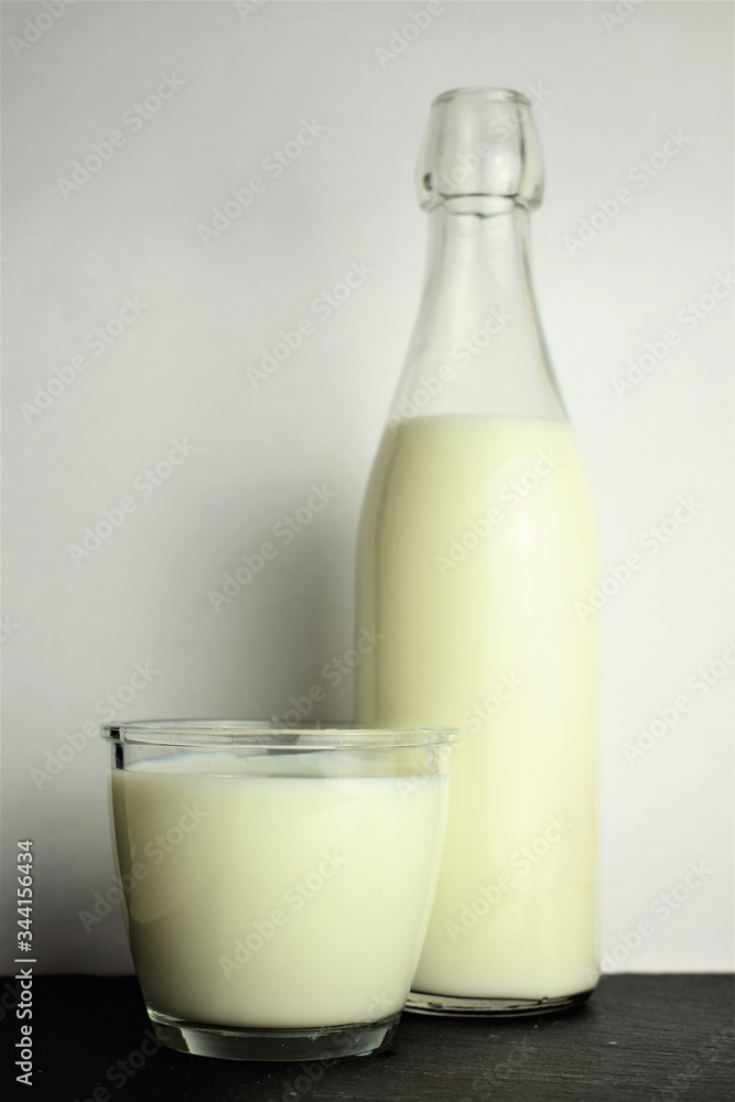Glass cup with milk, close-up, behind the bottle
Glass cup with milk, close-up, behind the bottle