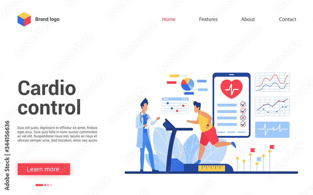 Cardio control vector illustration. Cartoon patient character training cardiovascular system, running on treadmill in medical examination. Interface website design of cardiology healthcare medicine