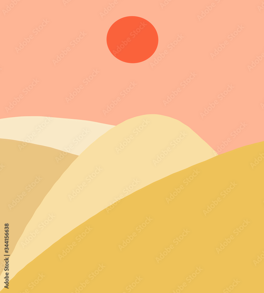 Fototapeta Beautiful orange-red sunset landscape background.Yellow curve template with geometric elements.Abstract contemporary modern trendy painting.Perfect for posters, instagram posts, social media.