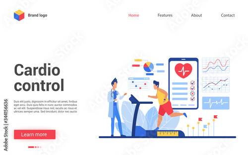 Cardio control vector illustration. Cartoon patient character training cardiovascular system, running on treadmill in medical examination. Interface website design of cardiology healthcare medicine