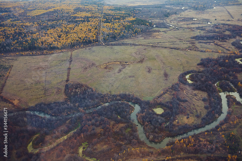 Autumn forest  aerial view of a drift field drone