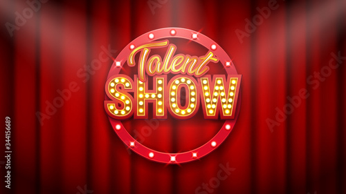 Talent show banner, poster, gold inscription on red curtain