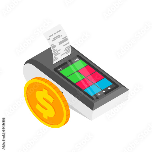 Isometric smart payment terminal with cash register print receipt. 3d Wireless online cash desk tablet with check and gold coin isolated. Vector payments machine. Online shopping concept