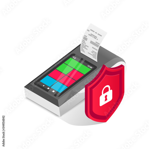 Safe payments with isometric multifunctional smart payment terminal. 3d Wireless online cash desk tablet with receipt and shield isolated. Shopping protection concept. Vector illustration