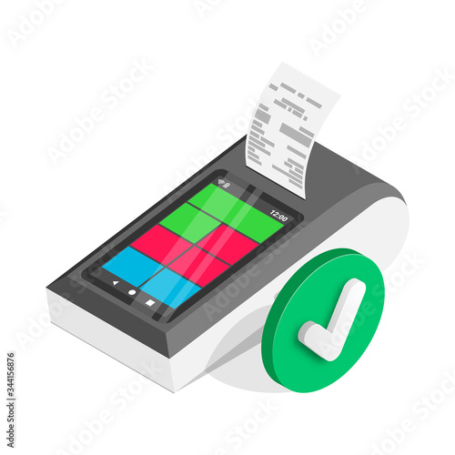 Isometric shopping, successful contactless payments approved concept. 3d smart payment terminal with green yes tick mark. Wireless online cash desk tablet with check isolated. Vector payments machine