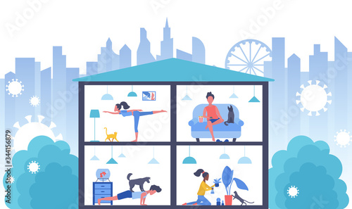 Stay home in coronavirus quarantine for virus protection vector illustration. Cartoon flat people do hobby  homework or sport exercises  watching tv. Positive social self isolation concept background