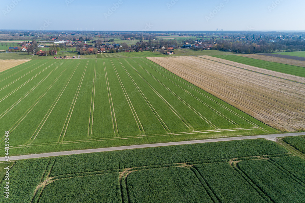 Feldweg zwischen Feldern mit Traktorspuren aus der Luft, Deutschland Feldweg zwischen Feldern mit Traktorspuren aus der Luft, Deutschland