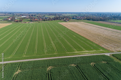 Feldweg zwischen Feldern mit Traktorspuren aus der Luft, Deutschland