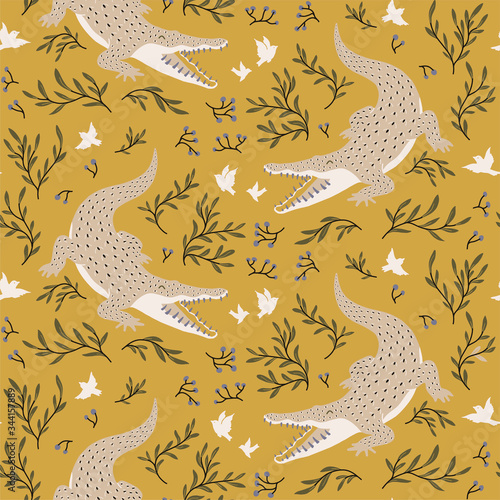 Decorative seamless pattern with crocodiles and birds. Cute background with animals for surface design. Predator hunts birds