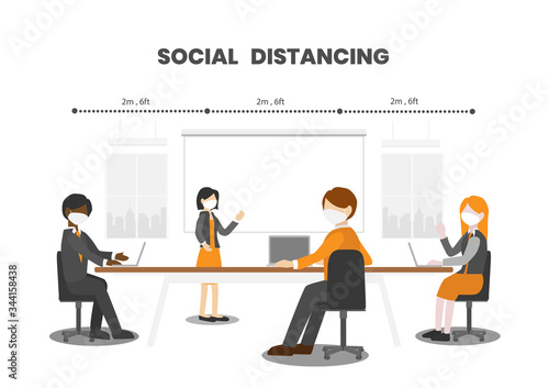 Business people wearing face masks while having a conference in a meeting room. Social distancing is COVID-19 outbreak prevention.