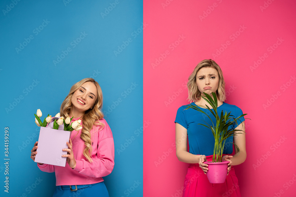Smiling blonde girl holding bouquet near sad sister with plant on pink and blue background Smiling blonde girl holding bouquet near sad sister with plant on pink and blue background