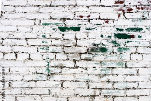 Background of an old  dirty  white brick wall with peeling plaster  painted walls  texture