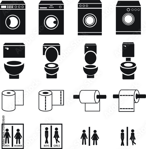 Bathroom wc vector icon set of washing machines, toilets, toilet paper and bathroom signs