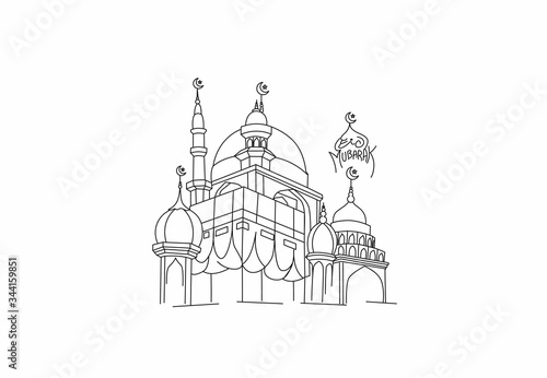 Holy Kaaba in Mecca Saudi Arabia, Flat Line Art Vector illustration.