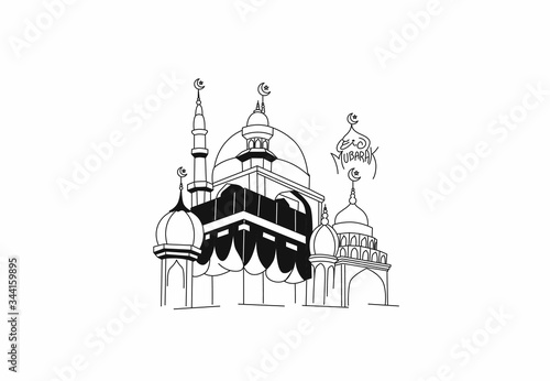 Holy Kaaba in Mecca Saudi Arabia, Flat Line Art Vector illustration.