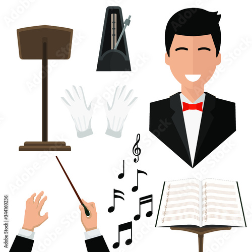 conductor , isolated icons on white background. notes, treble clef, wand