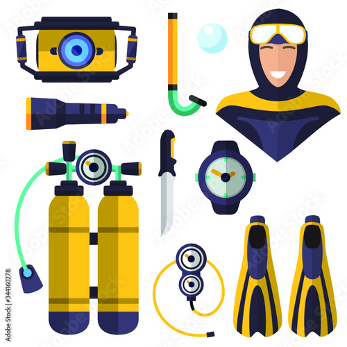 Diving, isolated icons on white background. oxygen, mask, flashlight, fins, tube, watch, underwater camera, knife, oxygen cylinders