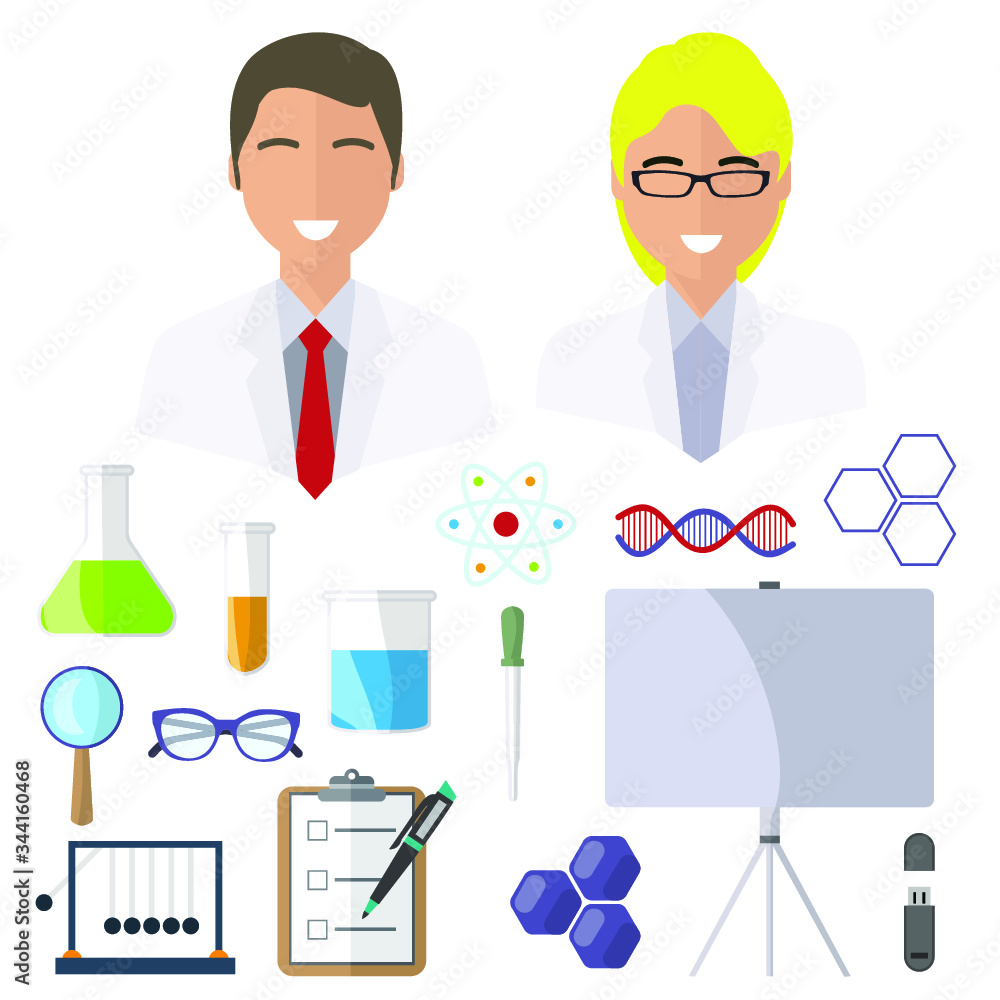 Scientists, isolated icons on white background. Glasses, magnifier, dna, test tubes, diary, pipette, molecule, flash drive Scientists, isolated icons on white background. Glasses, magnifier, dna, test tubes, diary, pipette, molecule, flash drive