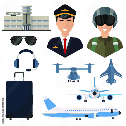 Pilot, set of icons isolated on a white background, plane, glasses, headphones, luggage, airport, fighter