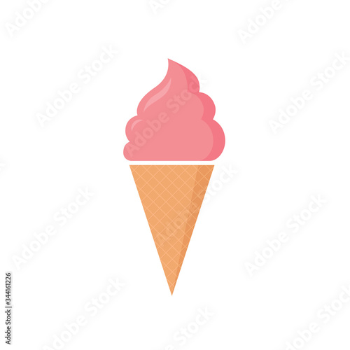 Pink strawberry ice cream in a waffle cone. Vector stock flat illustration isolated on a white background.