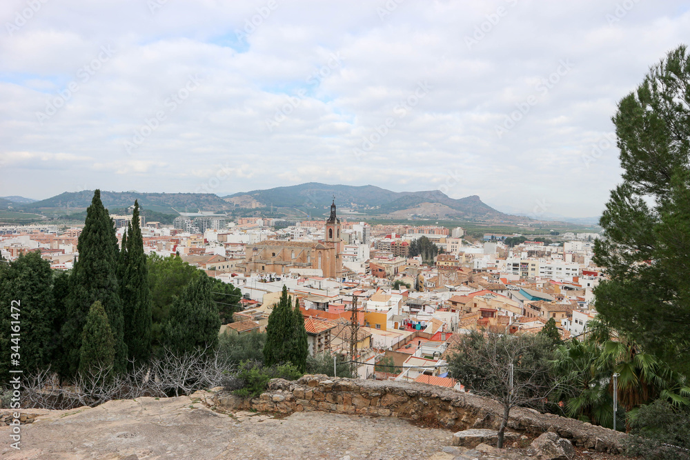 Scenic view to the old town of Sagunto, Spain from path on the castle hill