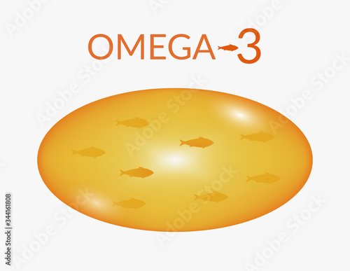 Concept vitamins, omega 3, fish oil, body health. Vector illustration of a transparent fish oil capsule, with fish silhouettes inside and omega-3 inscription.