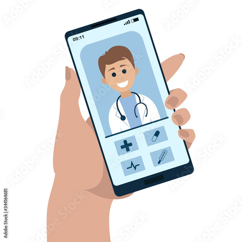 Online doctor consultation technology in smartphone. Vector flat illustration. Ask doctor. Online medical advise or consultation service, tele medicine