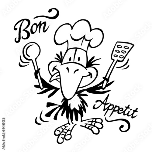 Raven chef with hat and wooden spoon wishes good taste, text Bon Appetit, crow mascot black and white cartoon
