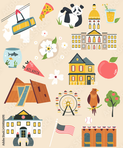 Big set of Atlanta landmarks, buildings, symbols