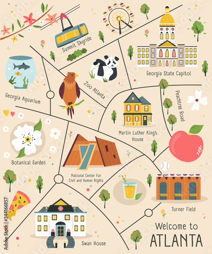 Illustrated map of Atlanta with famous symbols