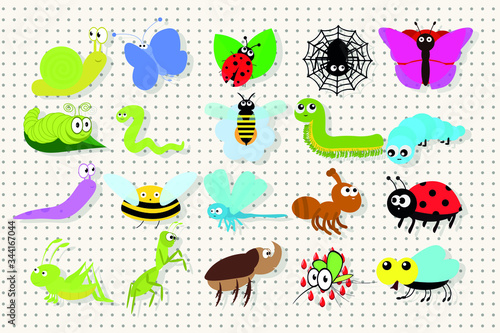 Insect icon set on an abstract background. Kawaii. Icons are isolated from each other. Vector