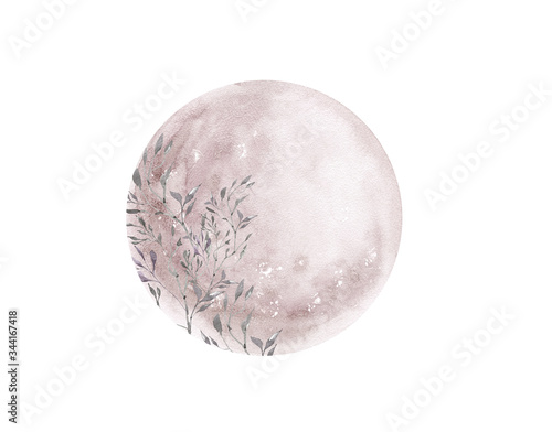 Watercolor pink full moon phase isolated on white background. Watercolor hand drawn earth satellite moon. Magic abstract illustration. Pink floral planet ball