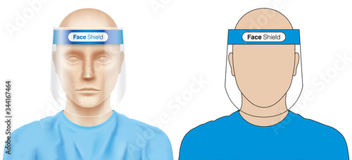 Corona virus protective uniform graphical drawing in 3D and flat styles. Medical worker, wearing a plastic face shield. Vector set of doctor illustrations, with a virus protection equipment.