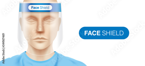 Caucasian woman with a plastic face shield, standing on a white background. Closeup shot of a female person, with a virus protection mask on his face. Corona virus protection, vector illustration.