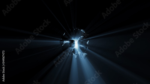 Abstract space background with asteroids. Exploding stone spherical object, 3D render.