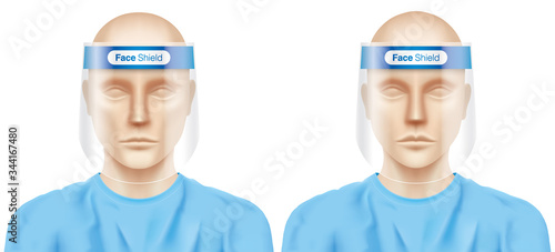 Male and female medical workers, wearing plastic face shields. Caucasian doctors with virus protection equipment, isolated on a white background. Corona virus protection, vector illustration.