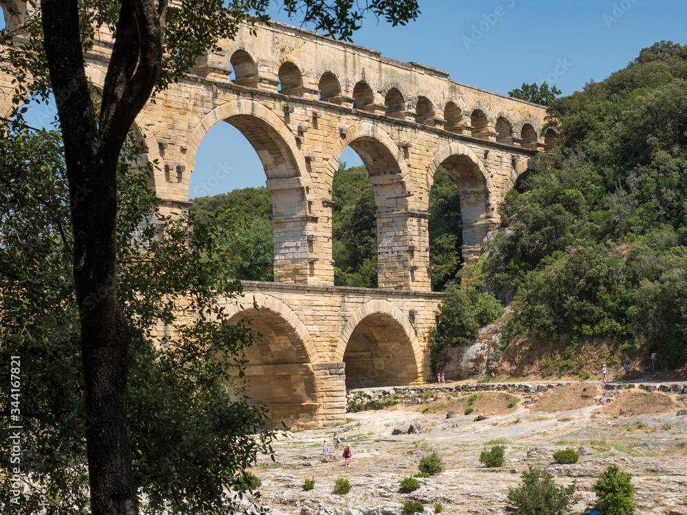 France, july 2019: Pont du Gard is an old Roman aqueduct, southern France near Nimes