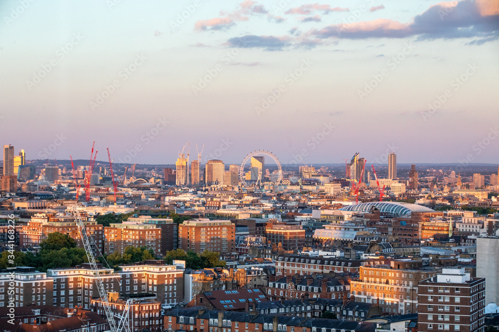 Skyline photo during sunset of London with the london eye ferris wheel