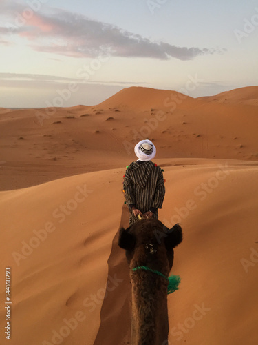 un hombre
en el desierto con un camello