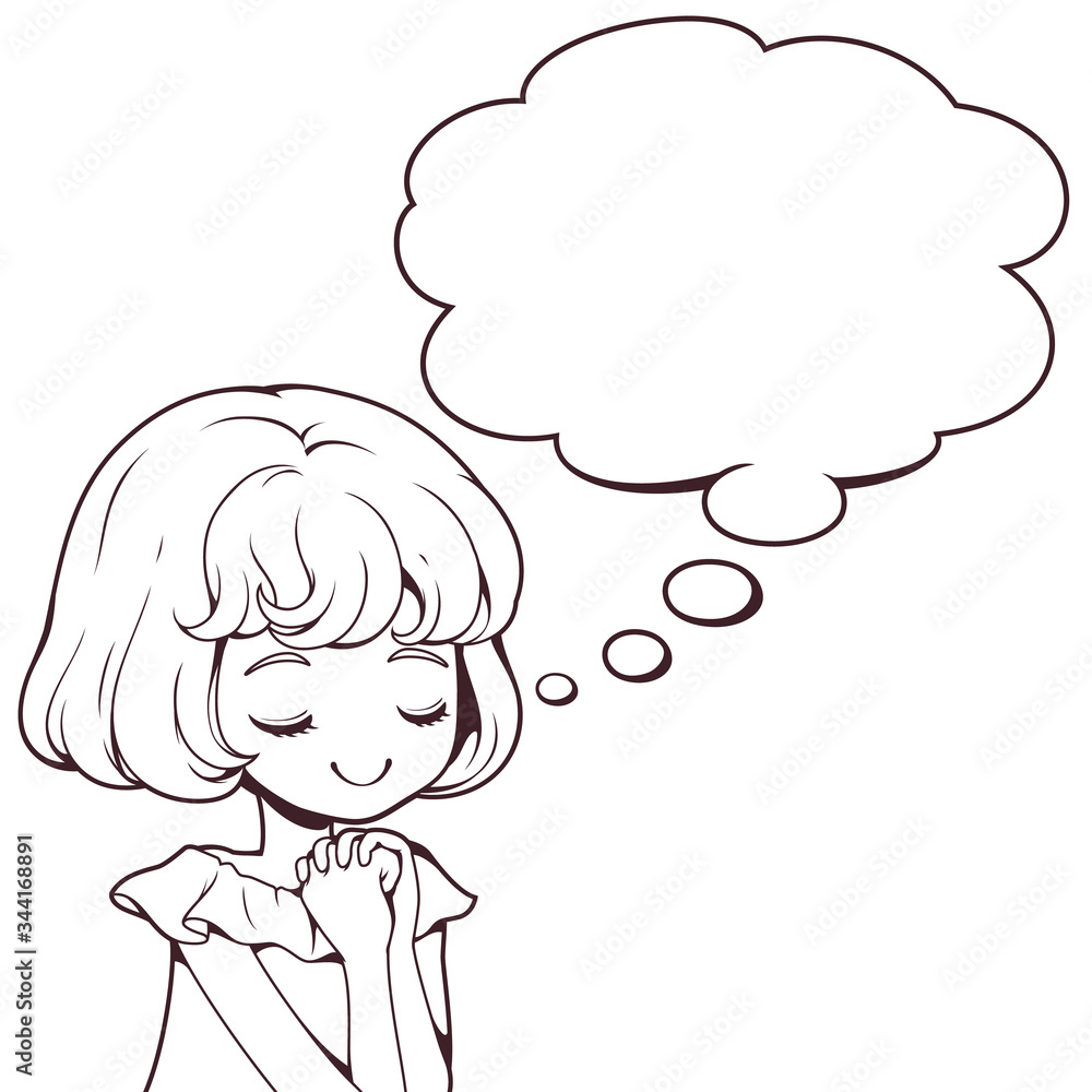 The cute girl praying with speech bubble doodle outline. Vector illustration isolated on white background. Used for coloring pages, Book illustration, Wallpaper, Print media, Digital media products.