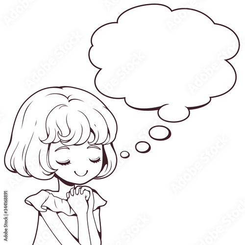 The cute girl praying with speech bubble doodle outline. Vector illustration isolated on white background. Used for coloring pages  Book illustration  Wallpaper  Print media  Digital media products.