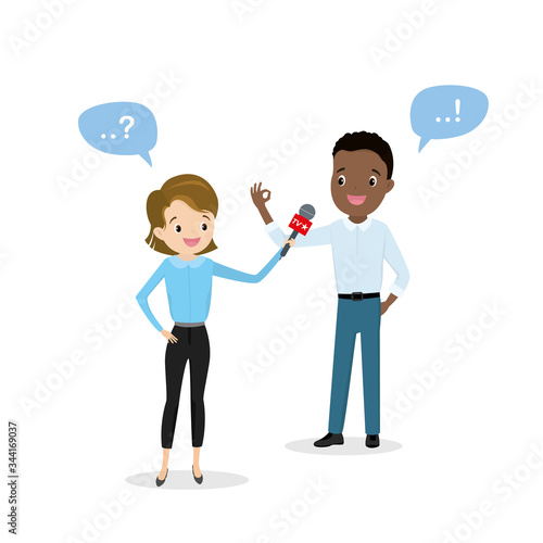 Caucasian female reporter interviewing african american businessman,c