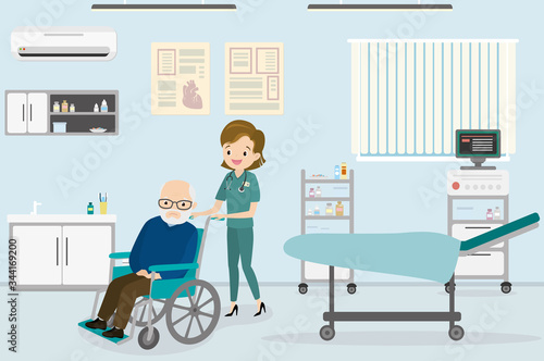 Unhappy senior in a wheelchair and cute nurse in hospital ward,