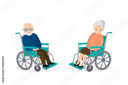Two sad old people on wheelchair,unhappy characters isolated